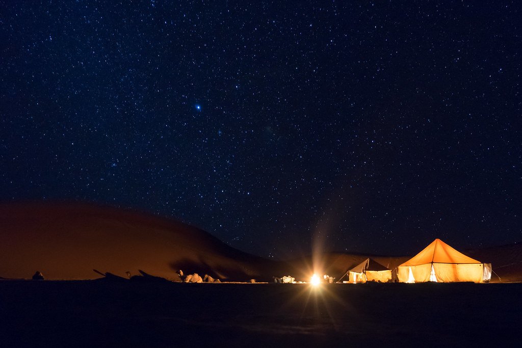 Sahara desert camp night stars Morocco trekking